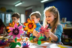 Dzieci tworzą kolorowe kwiaty z papieru podczas przedszkolnych projektów edukacyjnych.