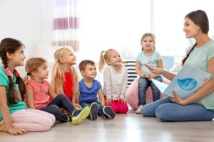 Grupa dzieci z nauczycielką to przykład, jak opieka nad dziećmi integracja społeczna wspiera.